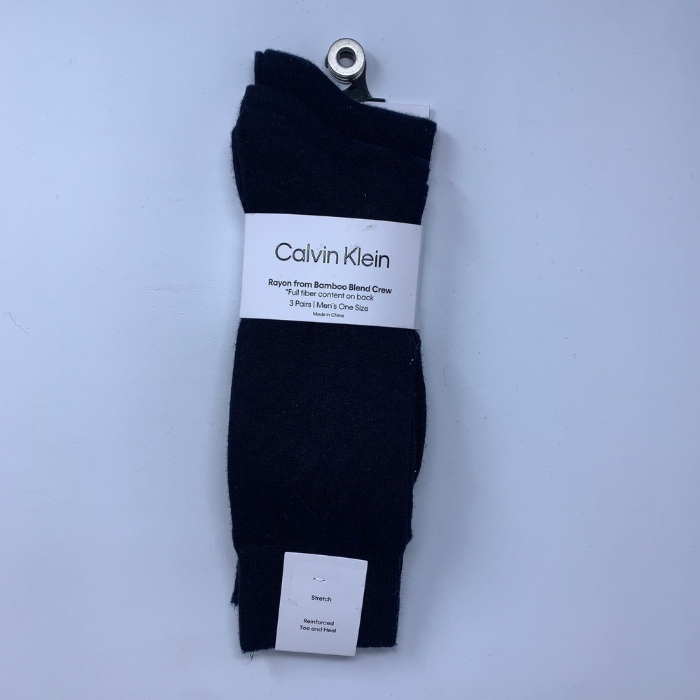 Calvin Klein Mens One Size Navy Rayon Bamboo 3 Pack Crew Socks NWT